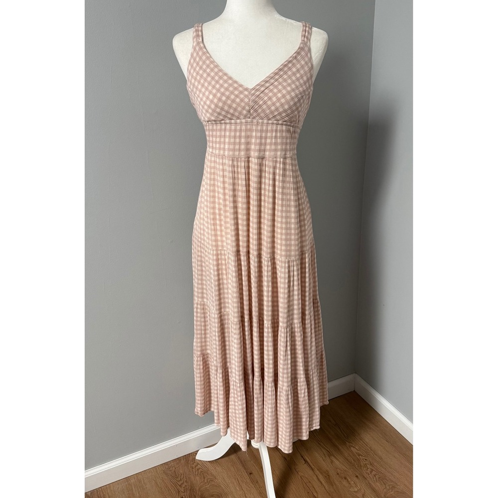 Dress Forum Pink Gingham Tiered Midi / Maxi Dress V-Neck Back Tie Size Large